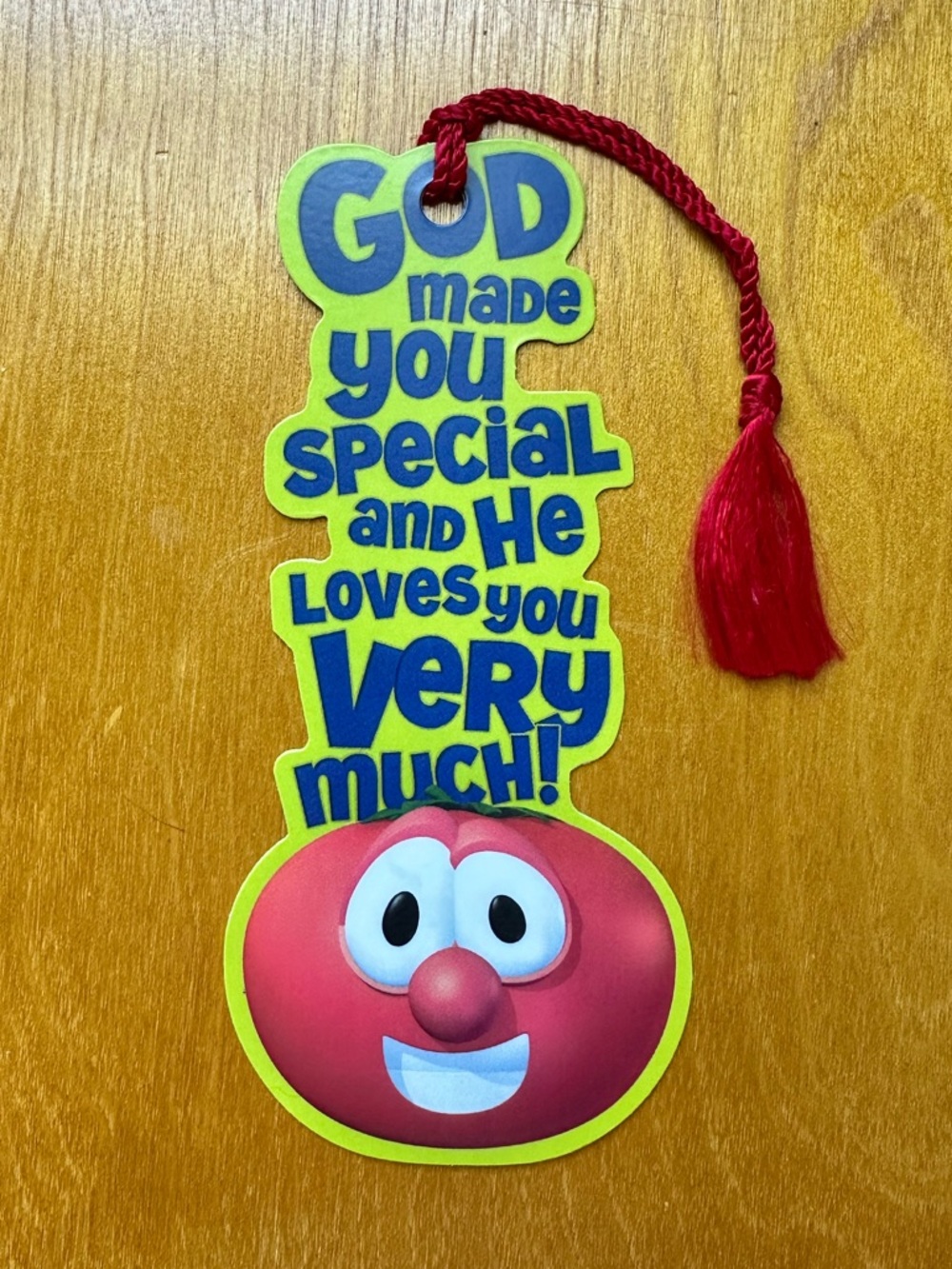 VeggieTales Bob the Tomato Bookmark “God made you special” - red tassel
